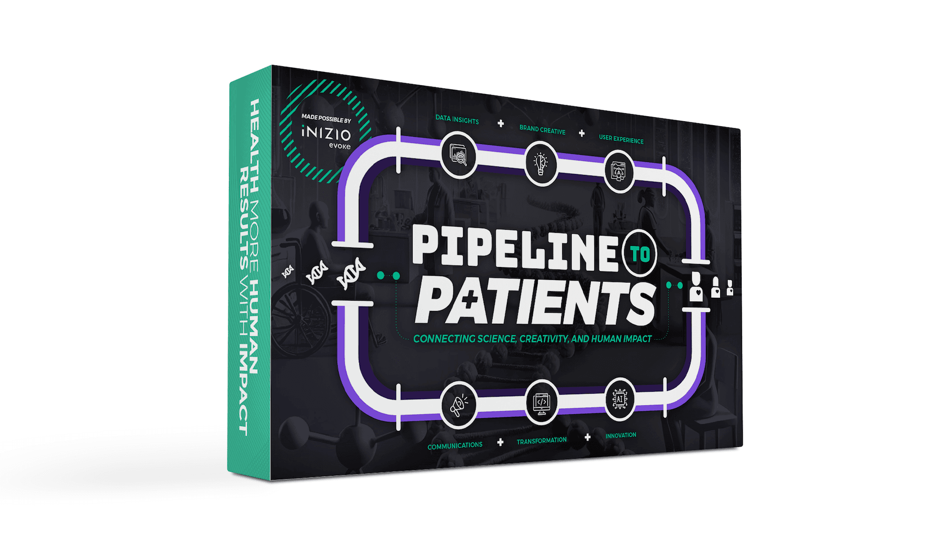 3D-rendered graphic featuring a dark rectangular box with a stylized purple and white pipeline illustration labeled “Pipeline to Patients.” Surrounding icons represent key capabilities: data insights, brand creative, user experience, communications, transformation, and innovation. Tagline reads: “Connecting science, creativity, and human impact.” The left side panel states: “Health more human results with impact.” The box is branded with the Inizio Evoke logo.